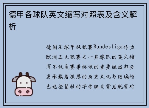 德甲各球队英文缩写对照表及含义解析